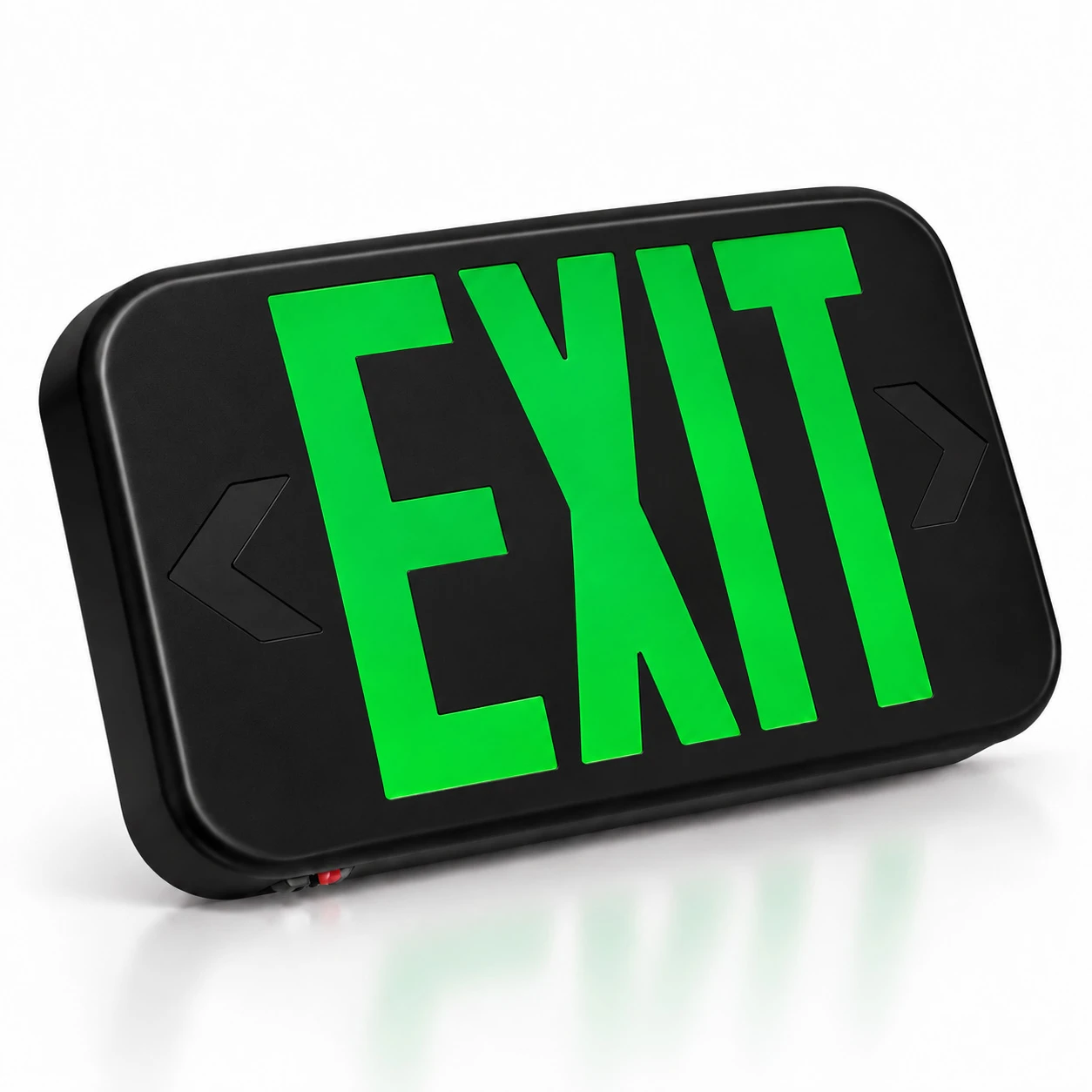 Black plastic LED exit sign, green EXIT lettering, 90-minute emergency battery backup
