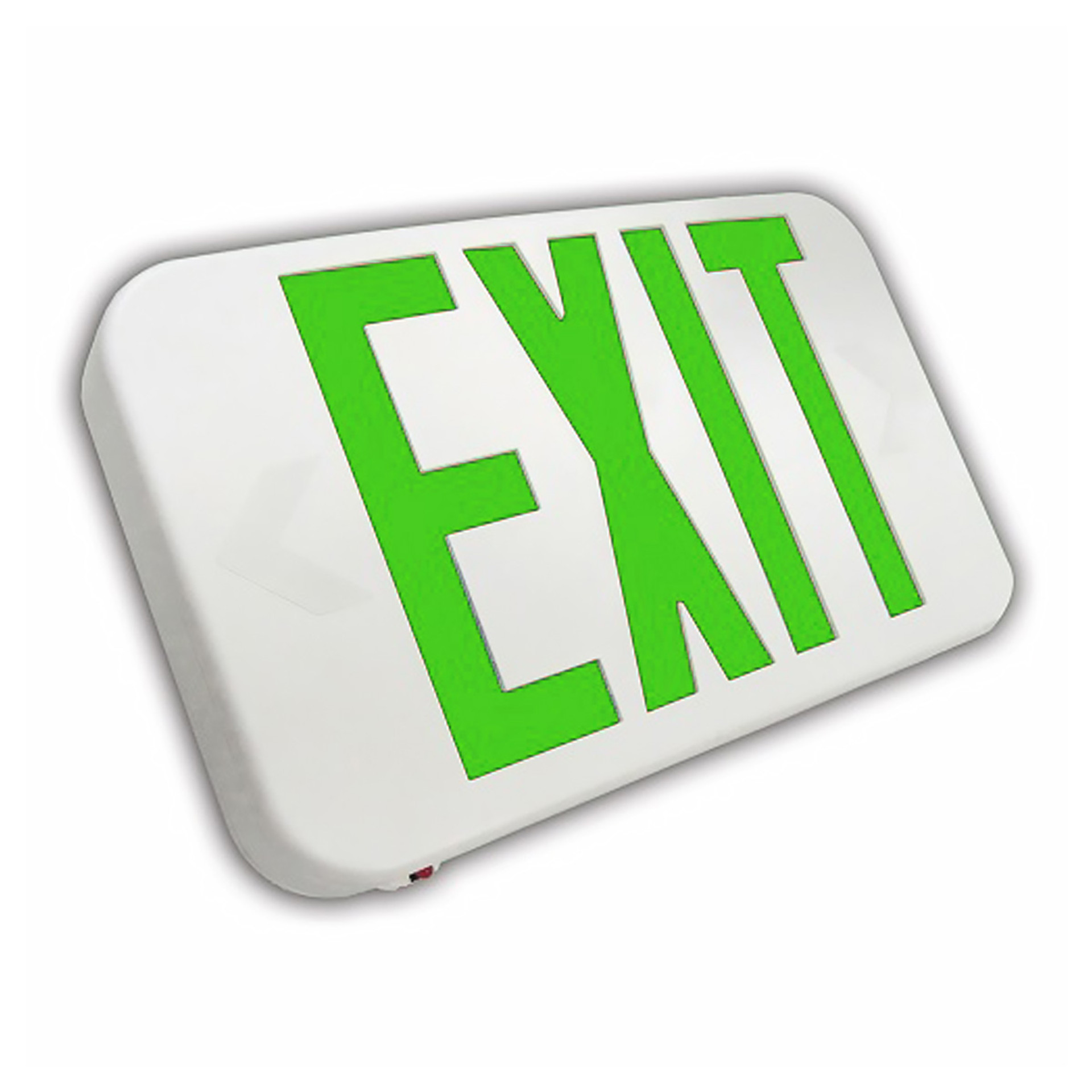 White LED exit sign, green letters, angled studio view