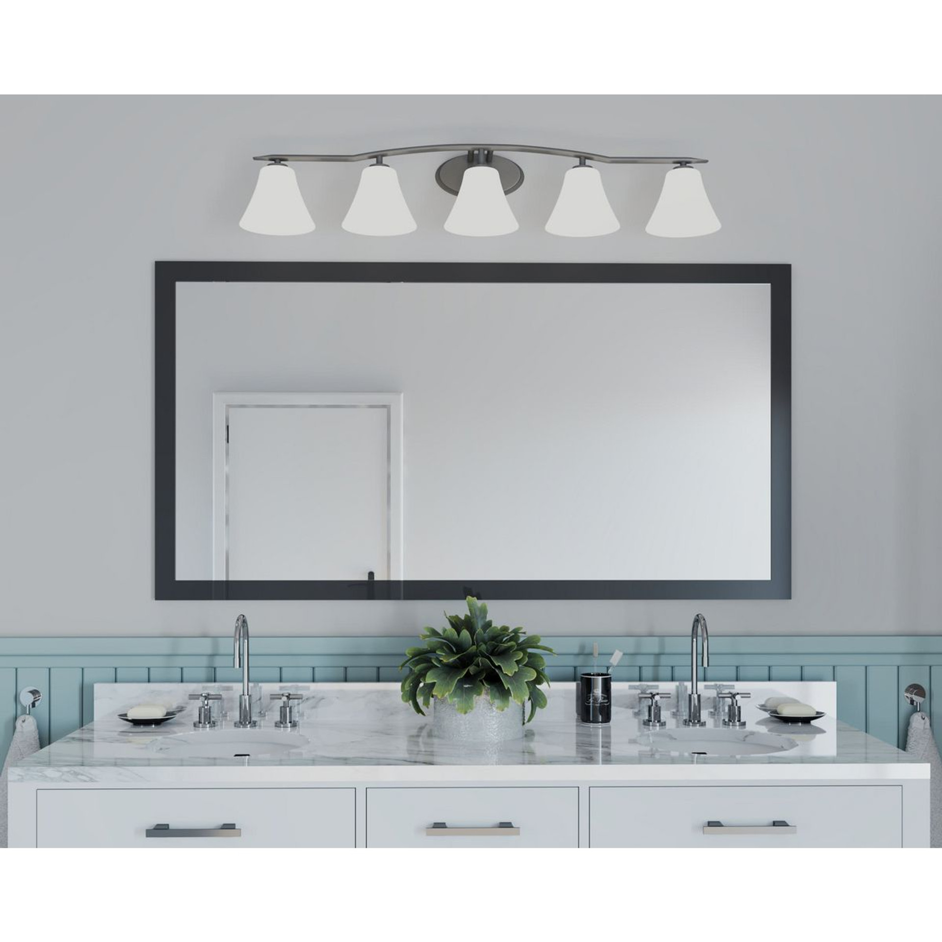 Progress Lighting Bravo Collection Five-Light Brushed Nickel Etched Glass Modern Bath Vanity Light - Damp Location Listed Application Shot Model P2016-09