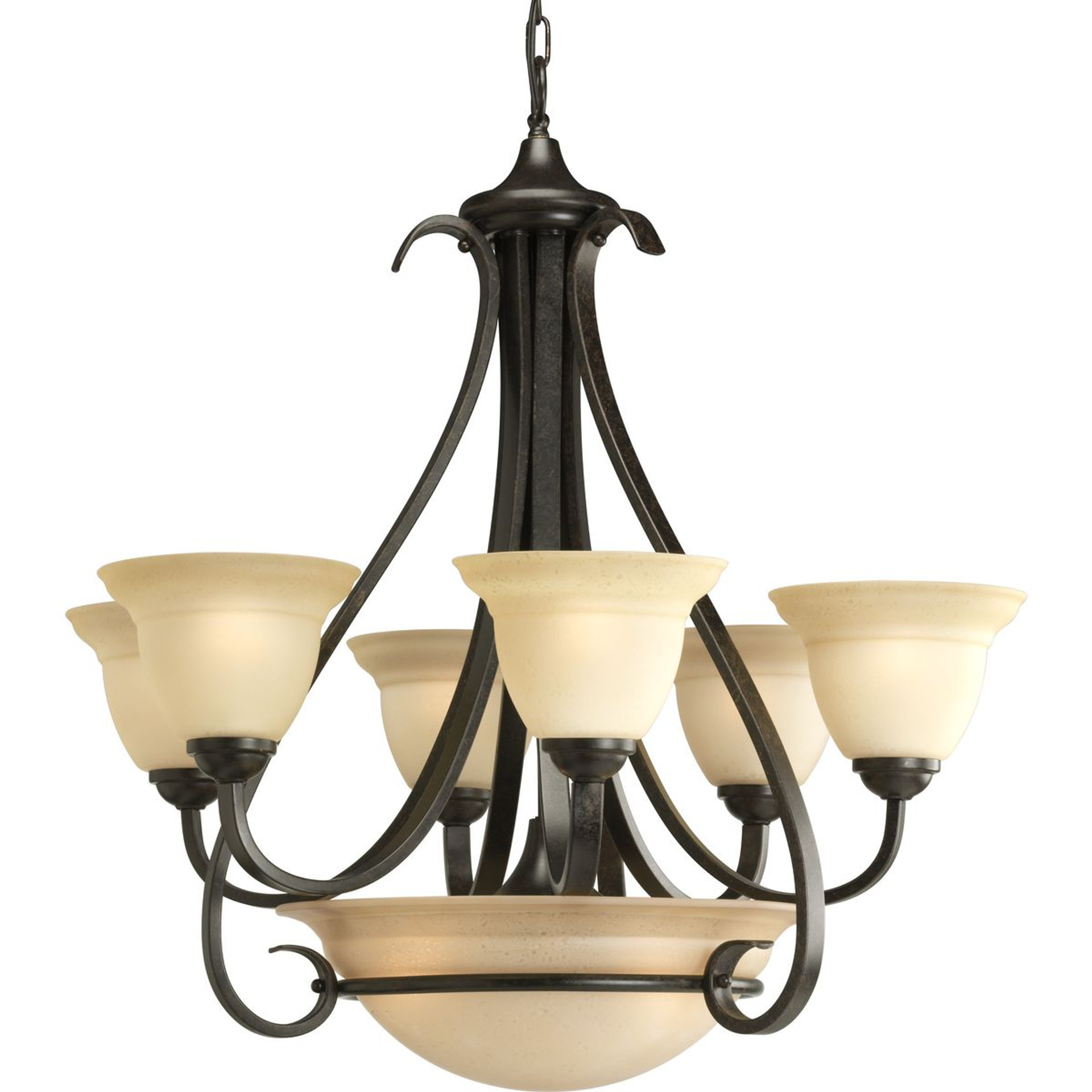 Progress Lighting Chandeliers Light - Torino Collection Six-Light Forged Bronze Tea-Stained Glass Transitional Chandelier Light - Model P4417-77