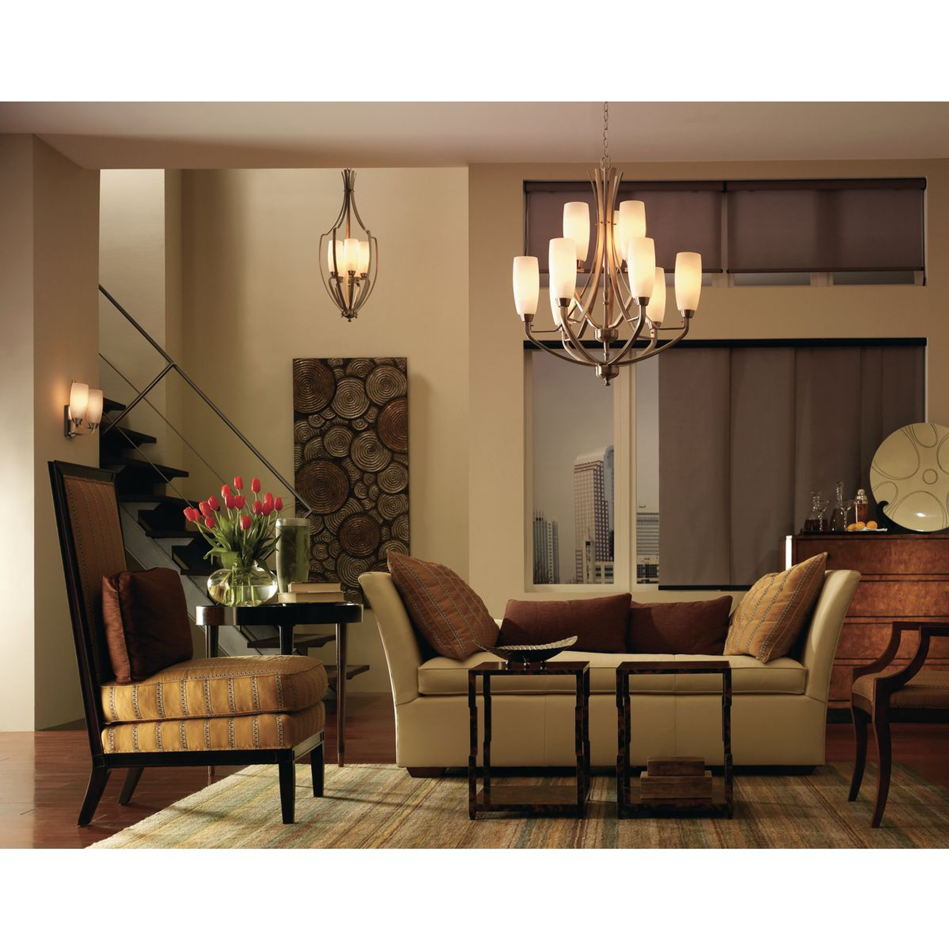 Progress Lighting Wisten Collection Nine-Light Brushed Nickel Etched Glass Modern Chandelier Light - Dry Location Listed Application Shot Model P4439-09