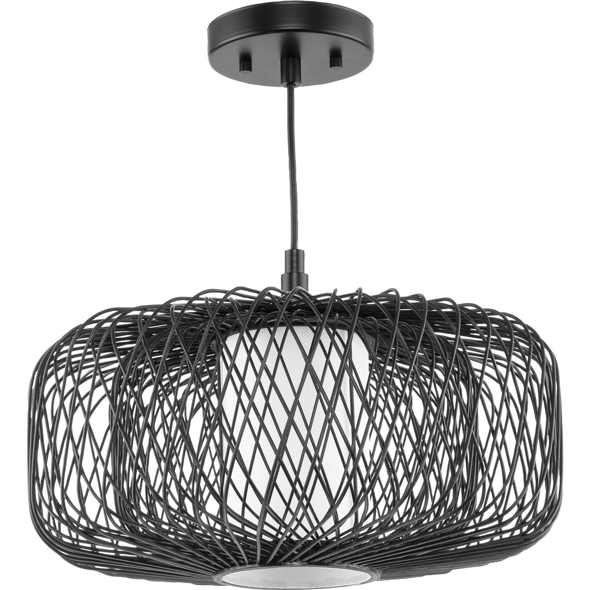 Progress Lighting Pendants Light - Cordova Collection Medium One-Light Black Rattan Organic Modern Pendant with White Linen - Model P500396-202