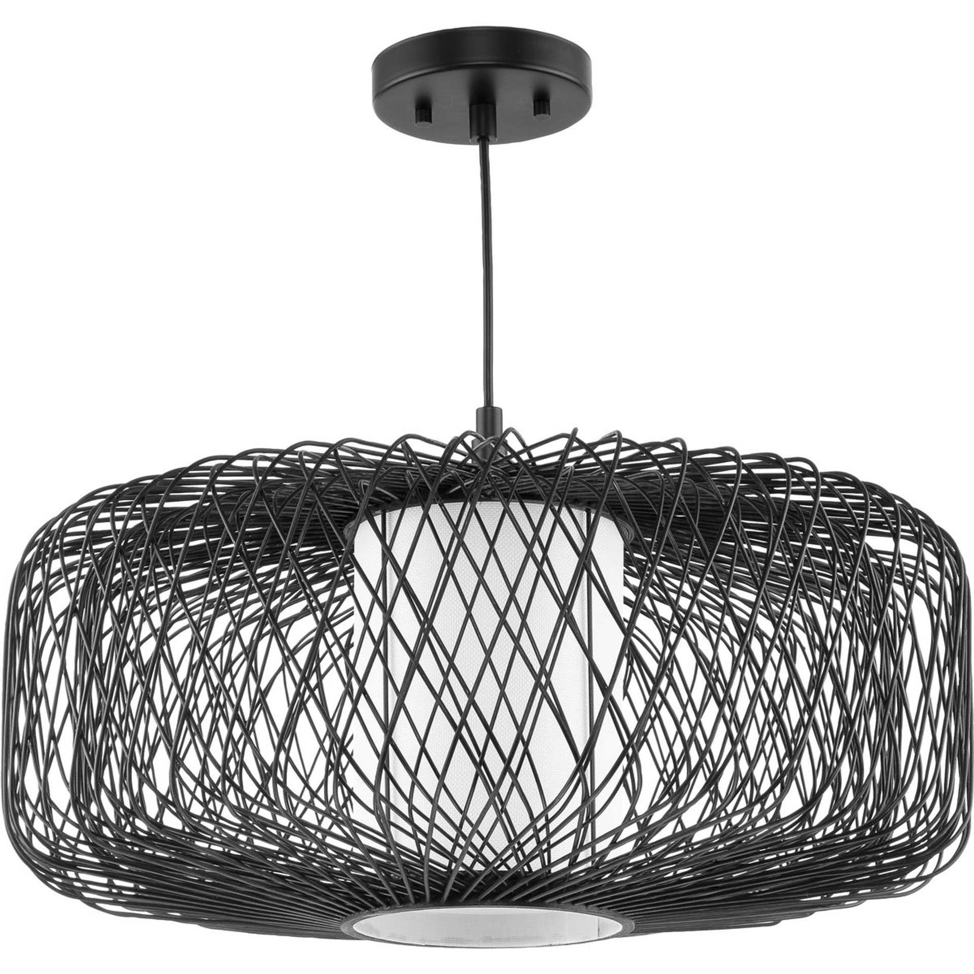 Progress Lighting Pendants Light - Cordova Collection One-Light Black Large Rattan Organic Modern Pendant with White Linen Shade - Model P500397-202