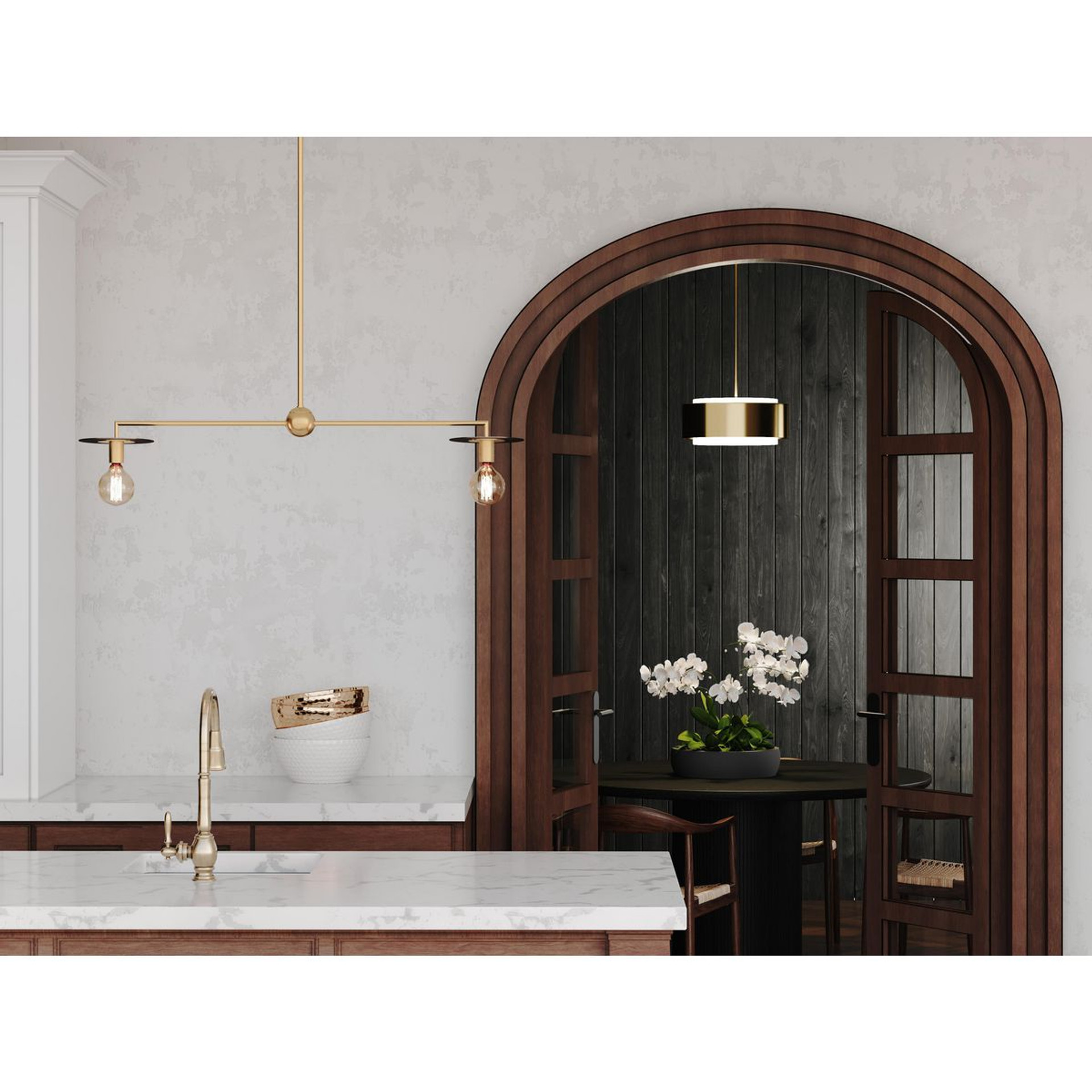 Progress Lighting Silva Collection Three-Light Brushed Bronze White Linen Shade Pendant - Dry Location Listed Application Shot Model P500399-109