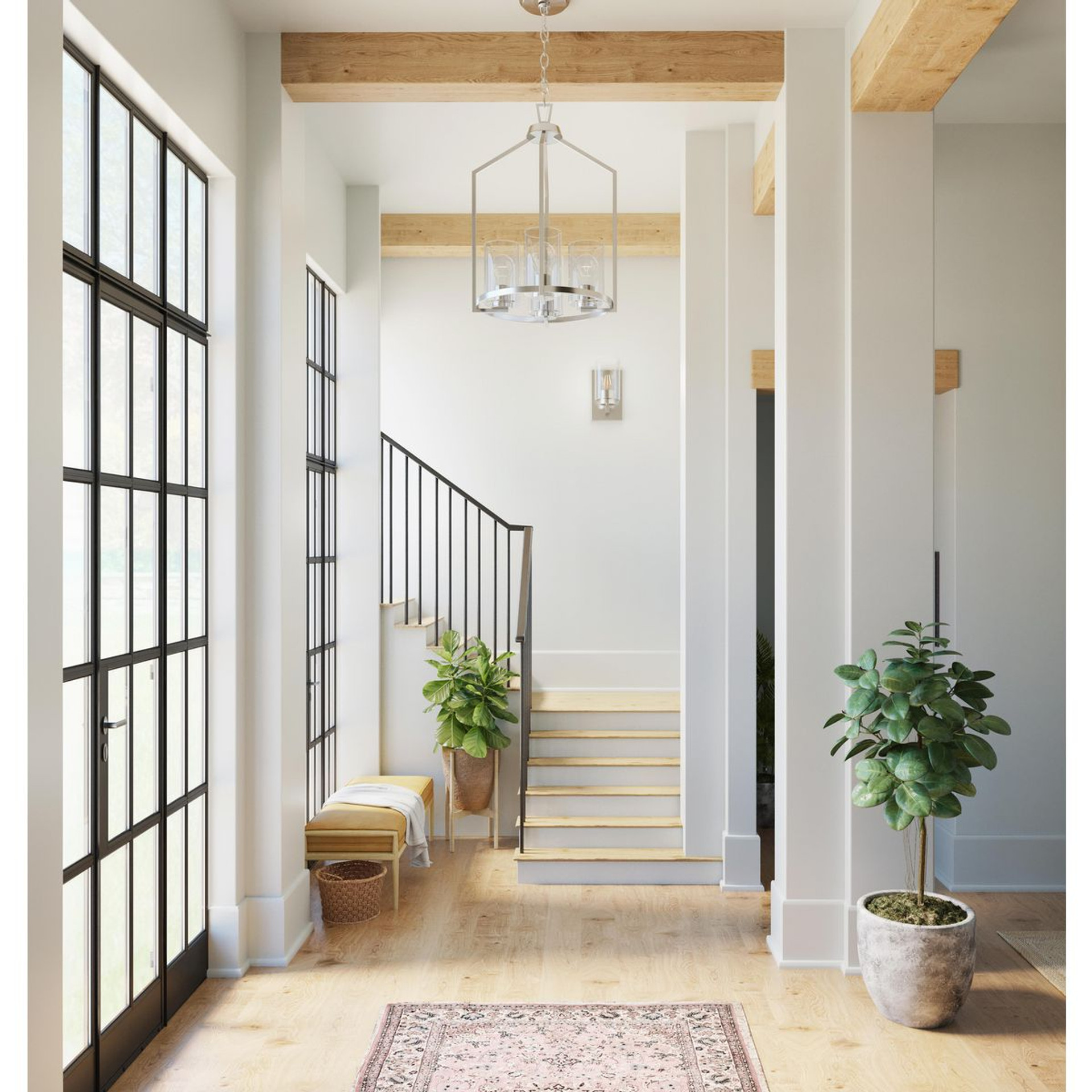 Progress Lighting Goodwin Collection Four-Light Brushed Nickel Modern Farmhouse Hall & Foyer Light - Dry Location Listed Application Shot Model P500411-009