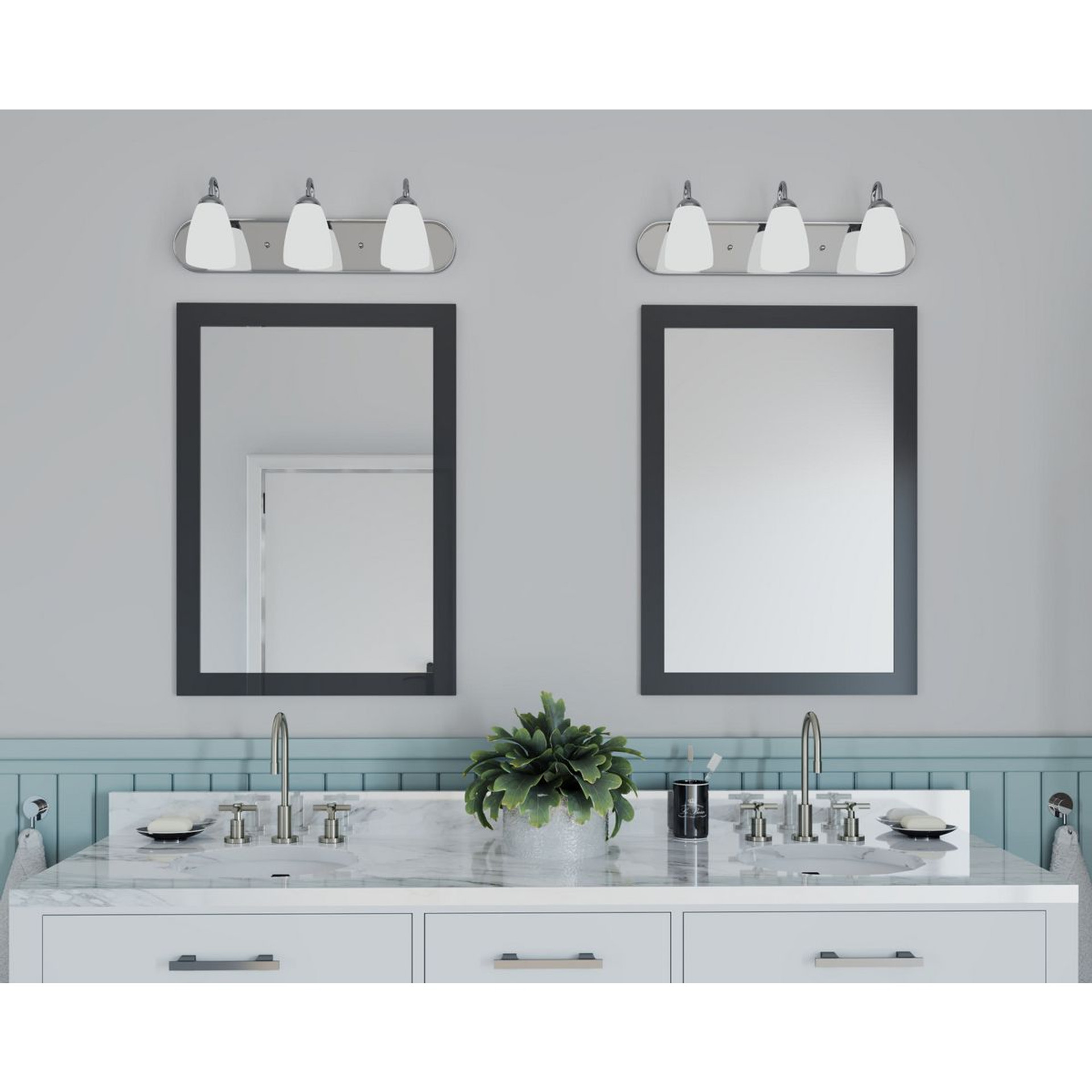 Progress Lighting Gather Collection Three-Light Polished Chrome Etched Glass Traditional Bath Vanity Light - Damp Location Listed Application Shot Model P2708-15