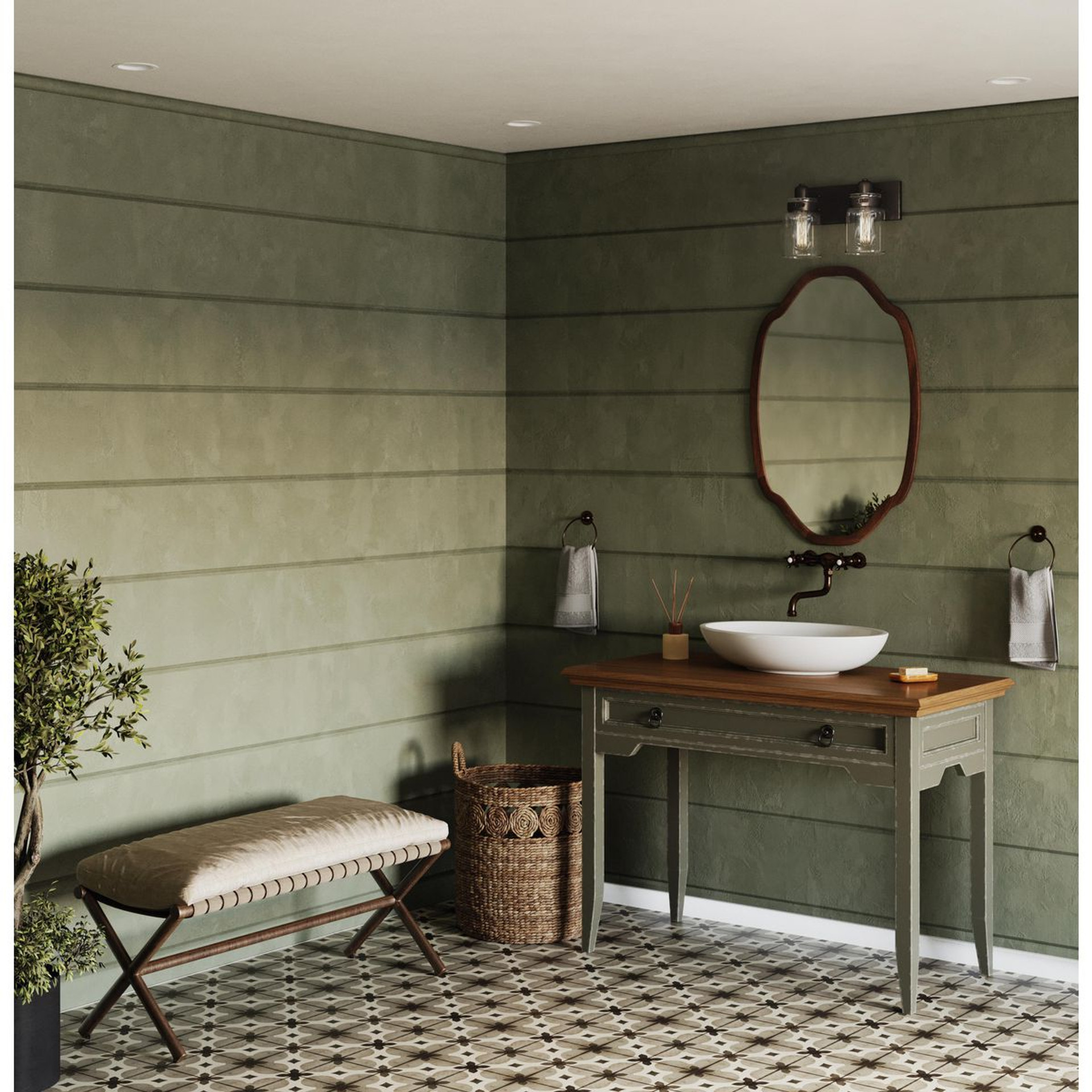 Progress Lighting Calhoun Collection Two-Light Antique Bronze Clear Glass Farmhouse Bath Vanity Light - Damp Location Listed Application Shot Model P300046-020