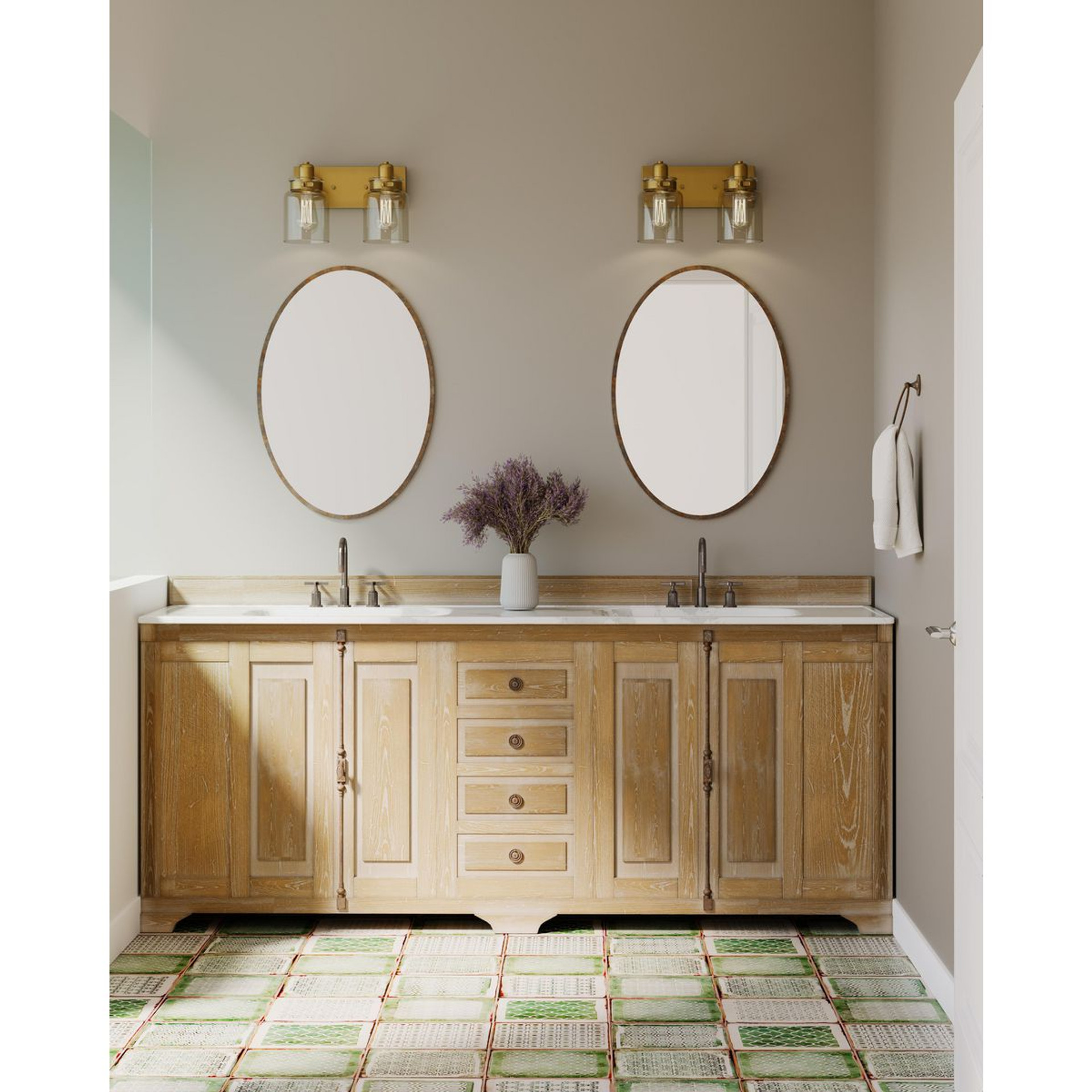 Progress Lighting Calhoun Collection Two-Light Vintage Brass Clear Glass Farmhouse Bath Vanity Light - Damp Location Listed Application Shot Model P300046-163