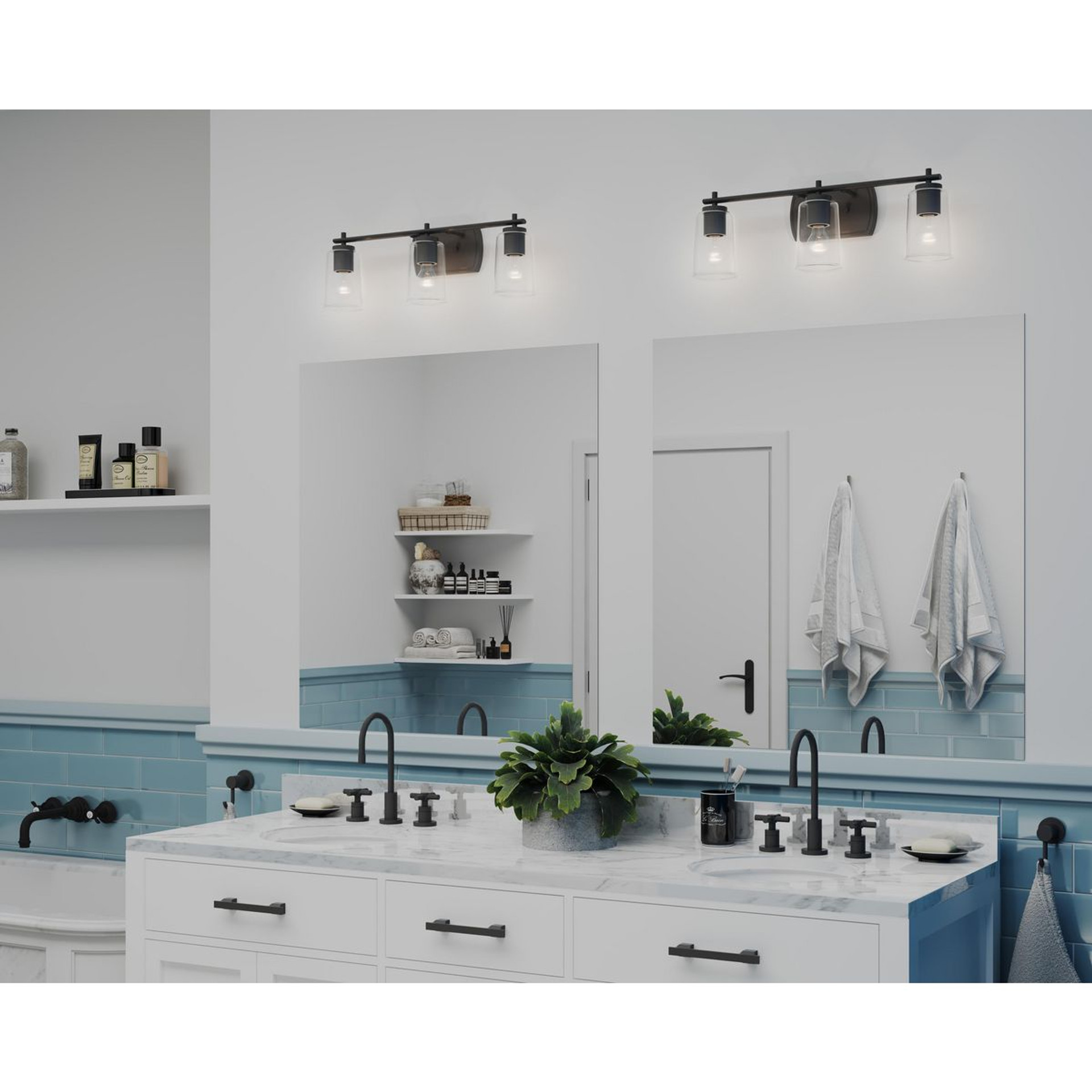 Progress Lighting Adley Collection Three-Light Matte Black Clear Glass New Traditional Bath Vanity Light - Damp Location Listed Application Shot Model P300156-031