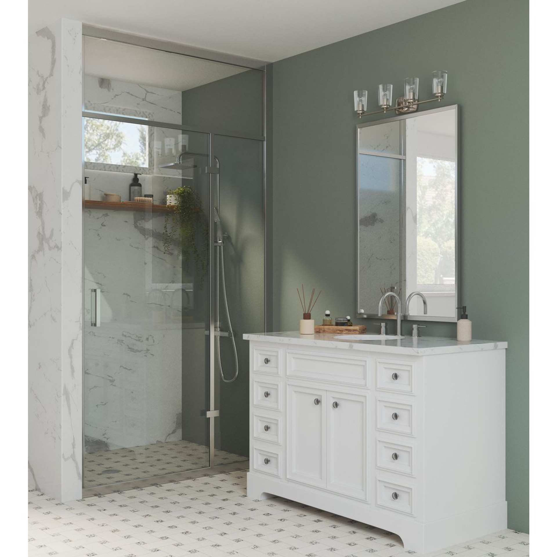 Progress Lighting Adley Collection Four-Light Polished Nickel Clear Glass New Traditional Bath Vanity Light - Damp Location Listed Application Shot Model P300157-104