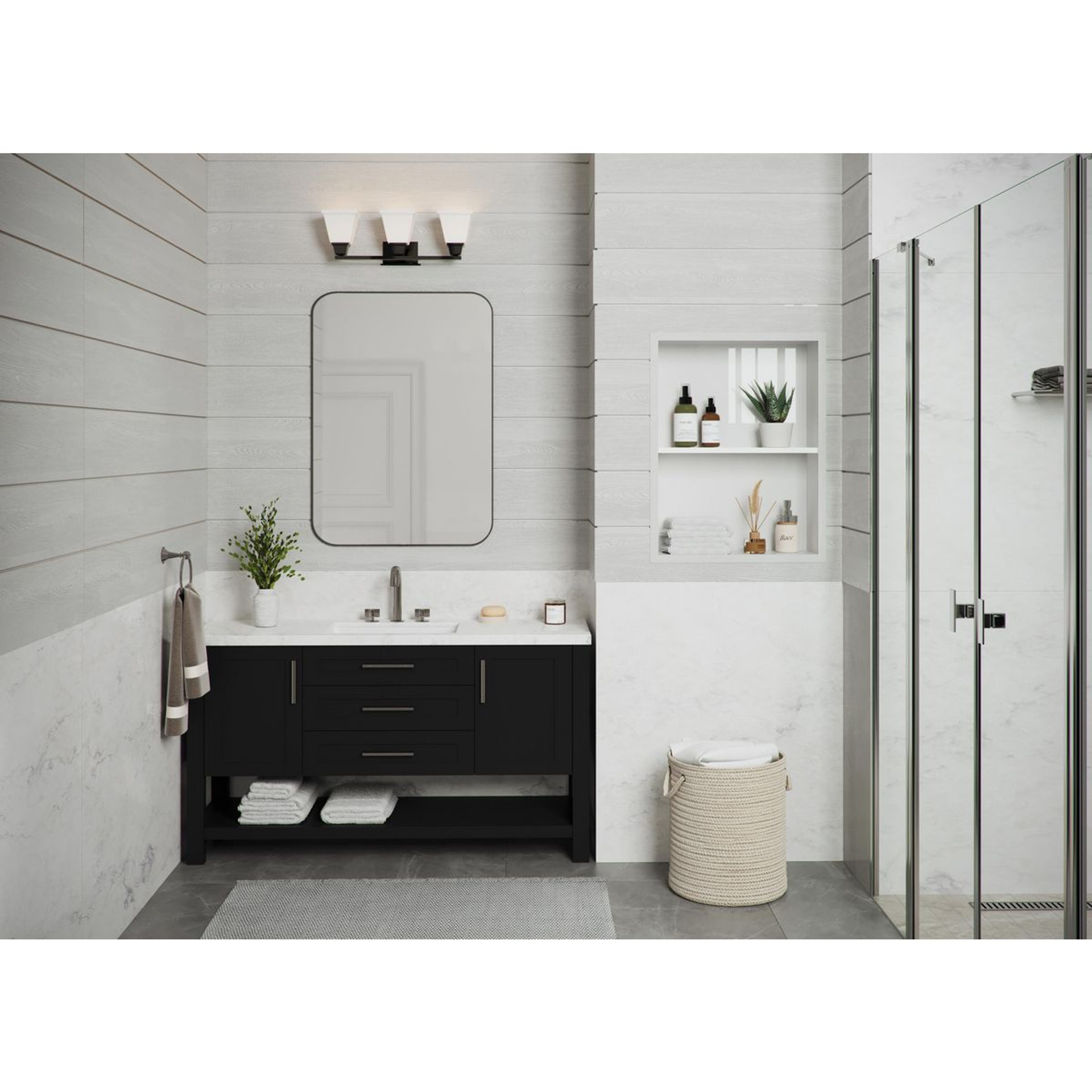 Progress Lighting Clifton Heights Collection Three-Light Modern Farmhouse Matte Black Etched Glass Bath Vanity Light - Damp Location Listed Application Shot Model P300160-31M