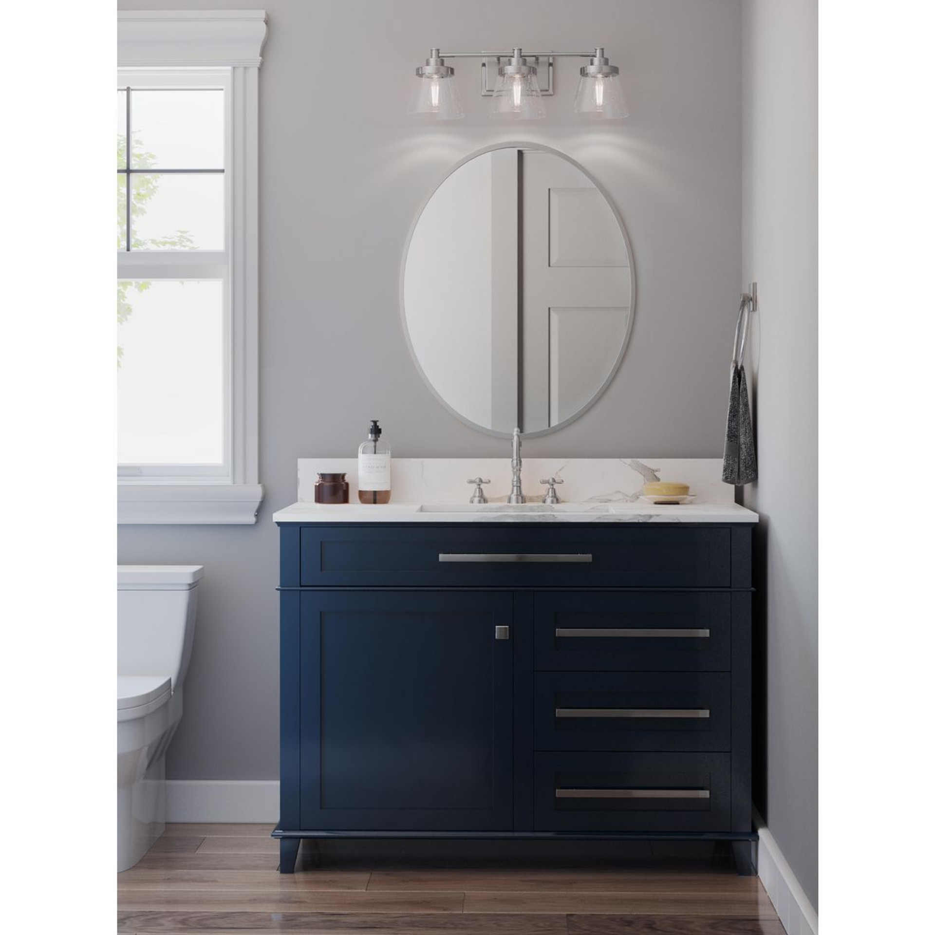 Progress Lighting Hinton Collection Three-Light Brushed Nickel Clear Seeded Glass Farmhouse Bath Vanity Light - Damp Location Listed Application Shot Model P300350-009