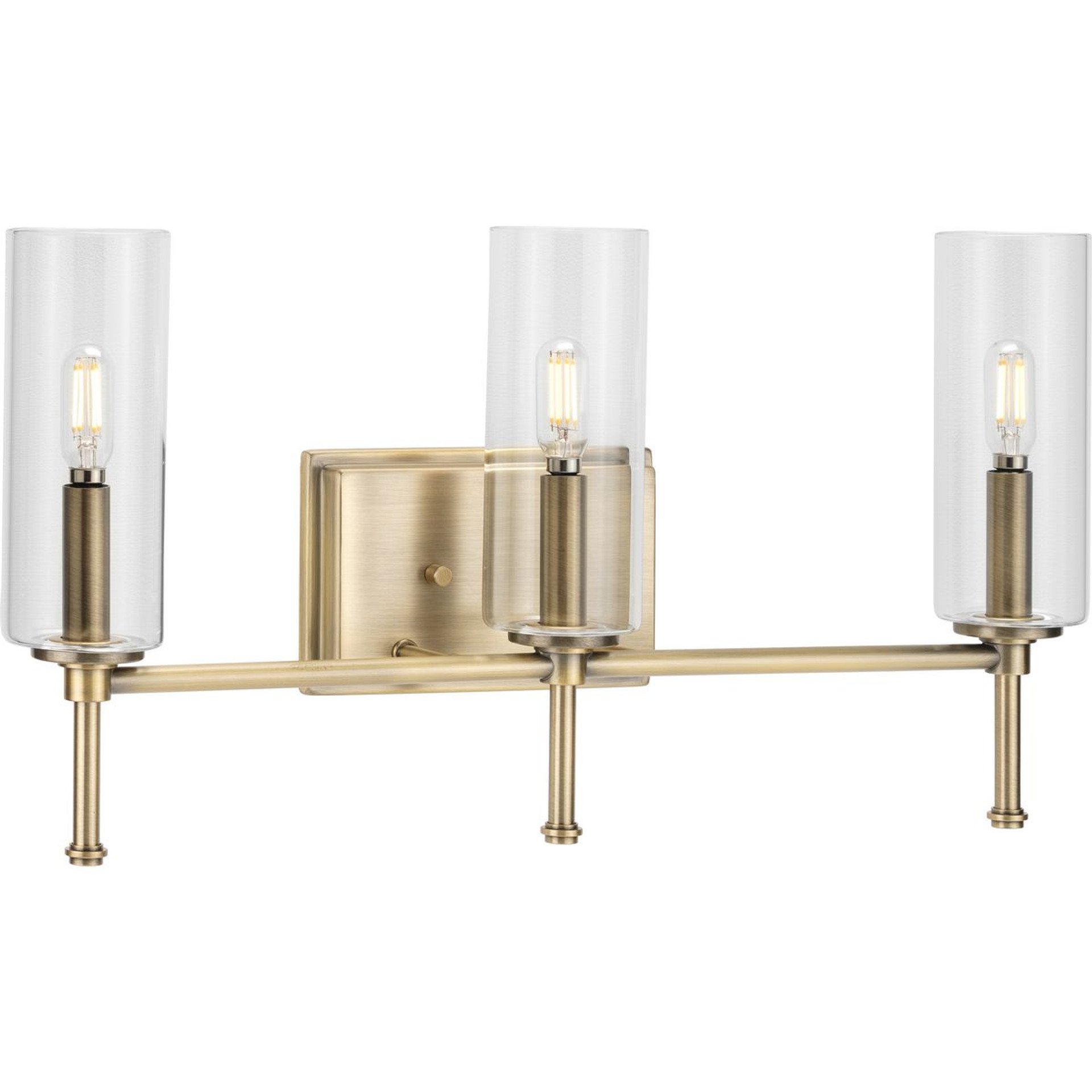 Progress Lighting Bath & Vanity Light - Elara Collection Three-Light Vintage Brass Clear Glass New Traditional Bath Vanity Light - Model P300358-163