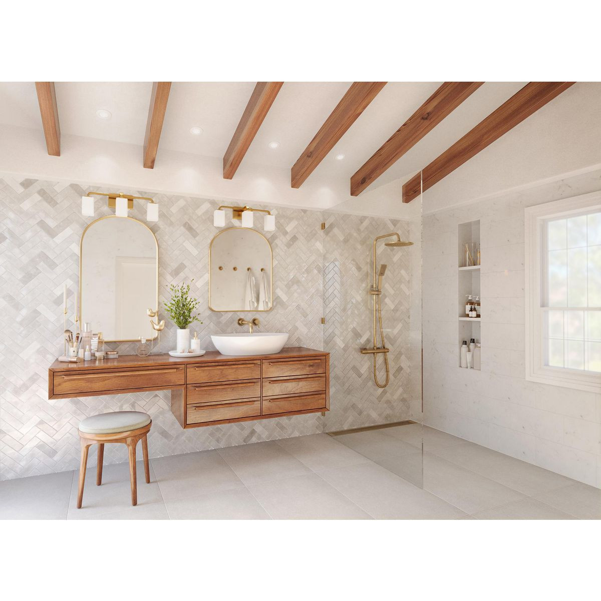 Progress Lighting Cowan Collection Three-Light Modern Satin Brass Etched Opal Glass Bath Vanity Light - Damp Location Listed Application Shot Model P300370-012