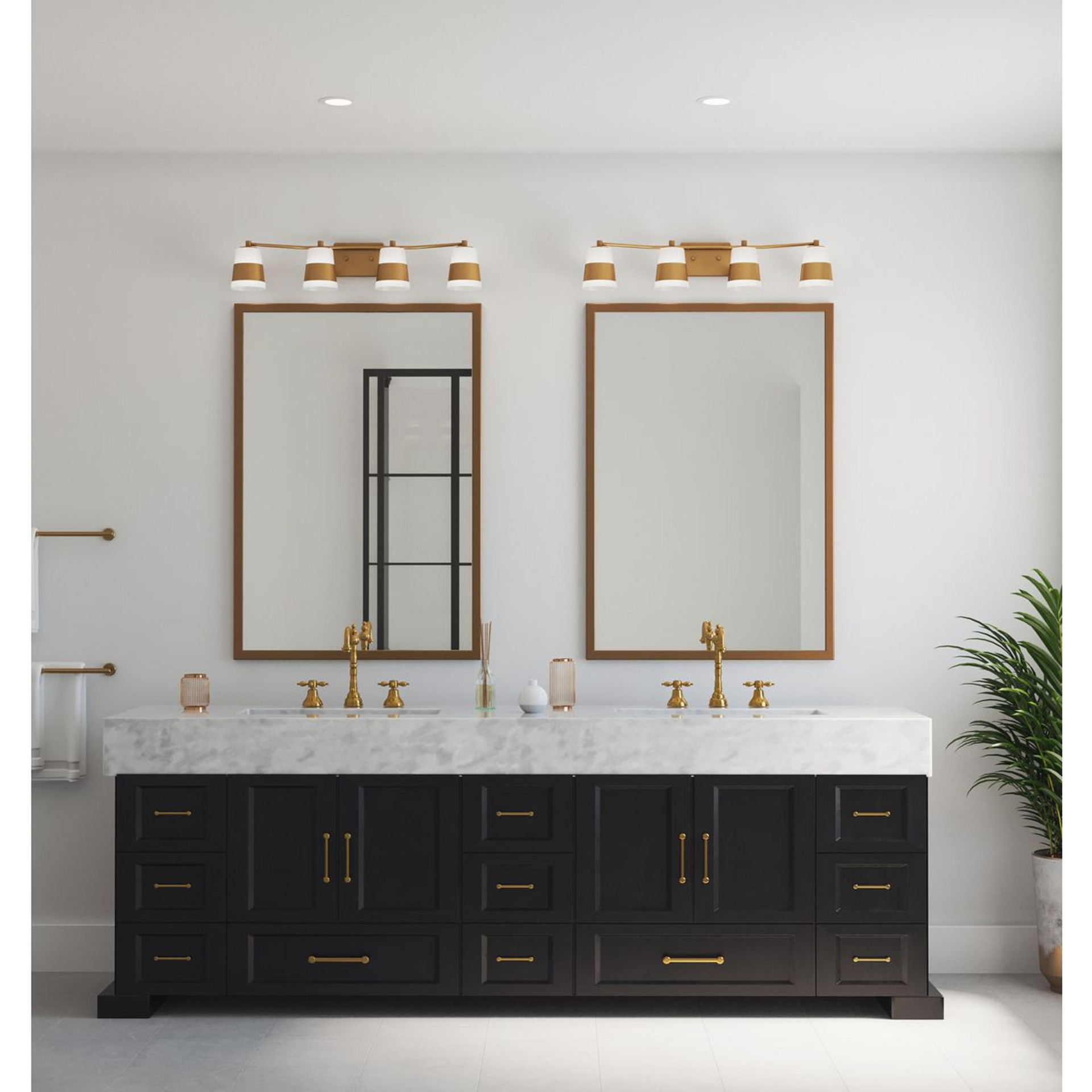 Progress Lighting Haven Collection Four-Light Vintage Brass Opal Glass Luxe Industrial Bath Light - Damp Location Listed Application Shot Model P300445-163