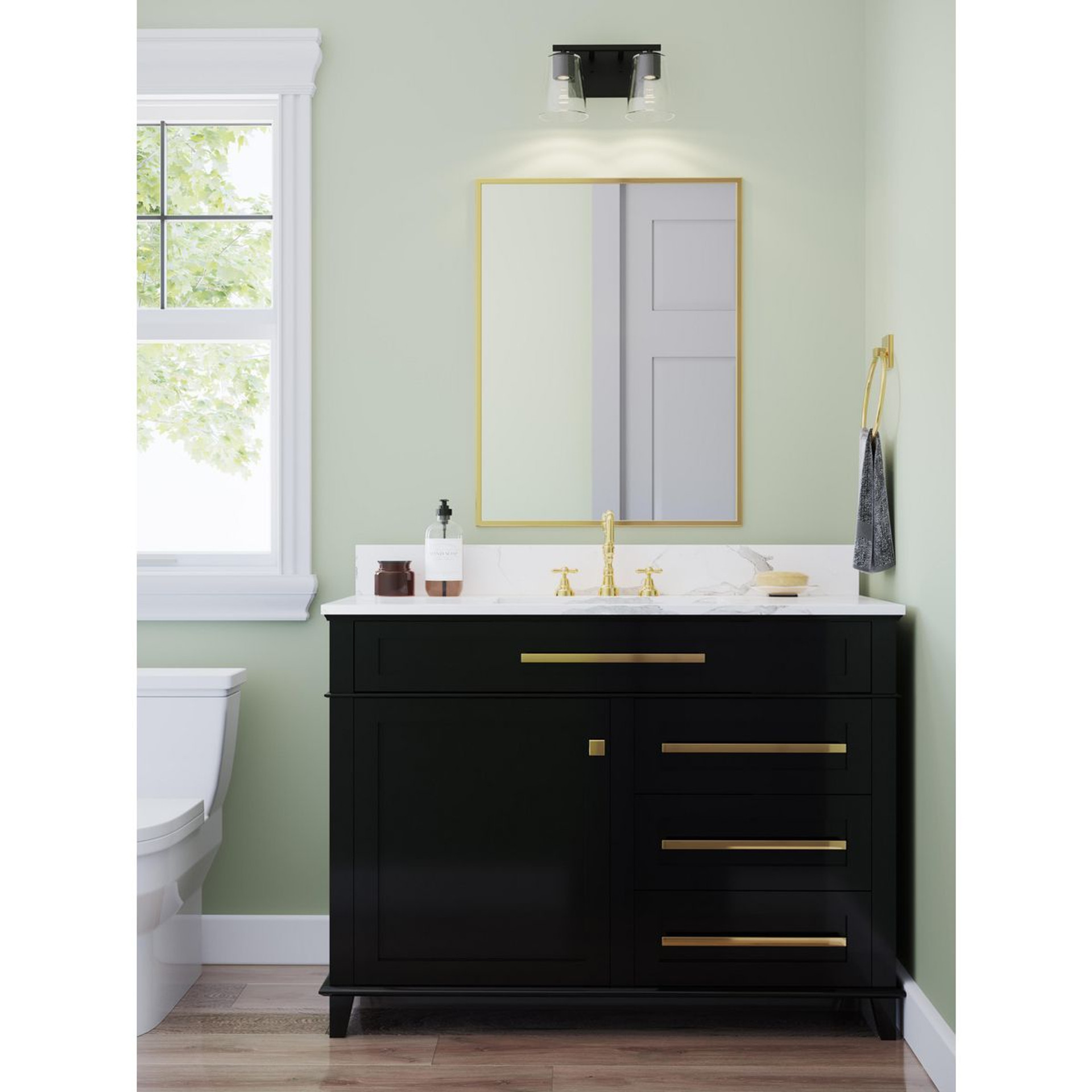 Progress Lighting Vertex Collection Two-Light Matte Black Clear Glass Contemporary Bath Light - Damp Location Listed Application Shot Model P300458-31M