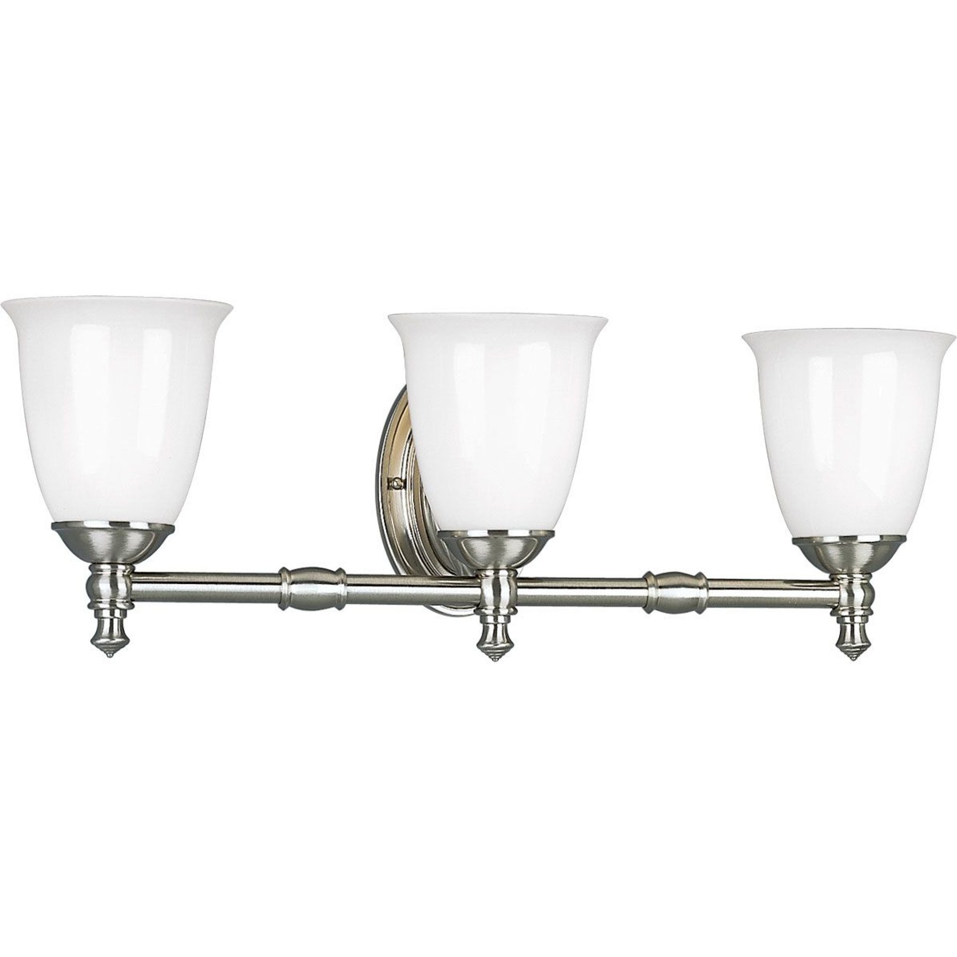 Progress Lighting Bath & Vanity Light - Victorian Collection Three-Light Brushed Nickel White Opal Glass Farmhouse Bath Vanity Light - Model P3029-09