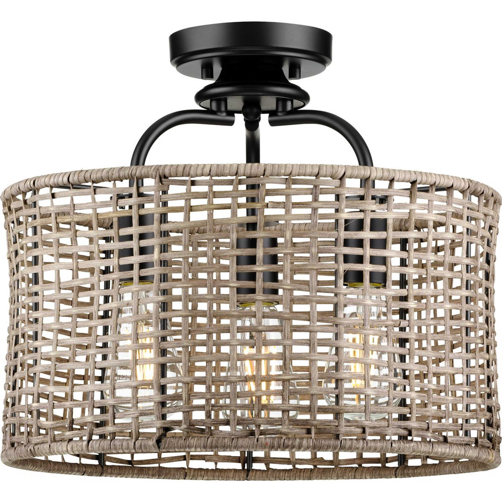 Progress Lighting Close-to-Ceiling Light - Lavelle Collection Three-Light Matte Black and Mocha finish Rattan Convertible Semi-Flush Ceiling or Hanging Pendant Light - Model P350183-031