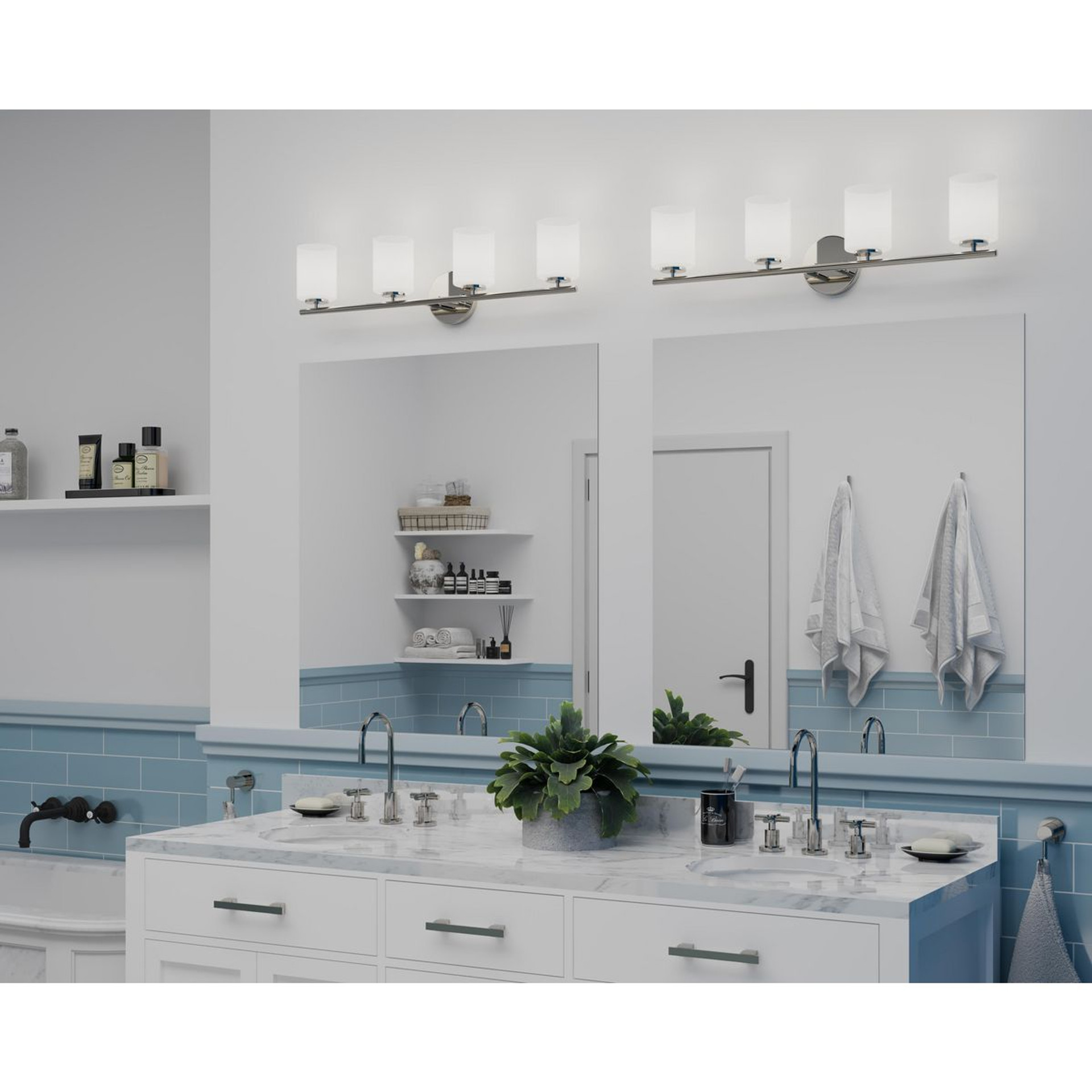 Progress Lighting Replay Collection Four-Light Bath & Vanity - Damp Location Listed Application Shot Model P2160-104