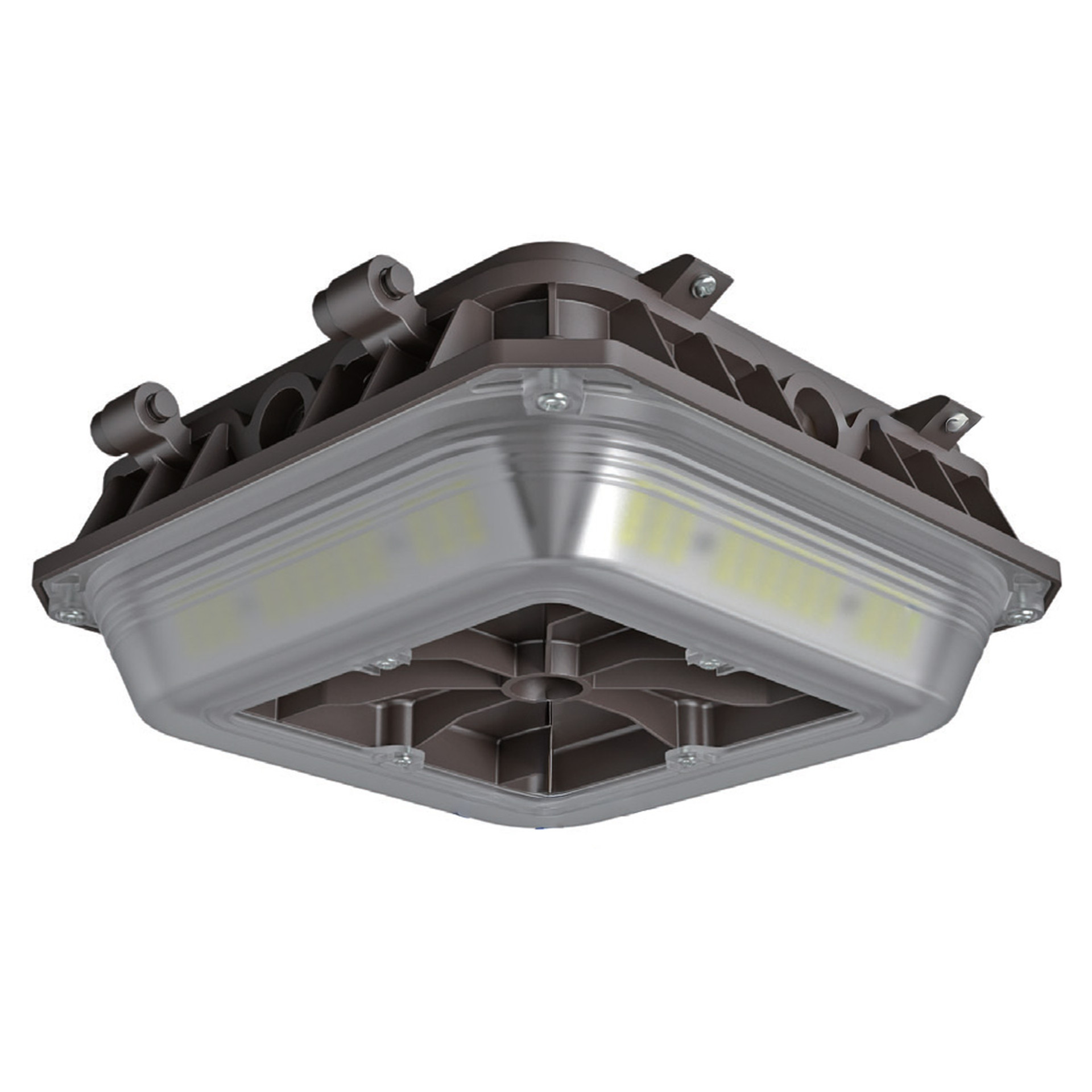 LED canopy light fixture, square design with bronze housing, studio image