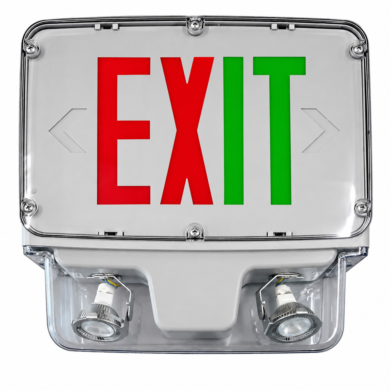 Hazardous location LED exit sign and emergency light, red or green lettering, single or double sided, 90-minute battery backup