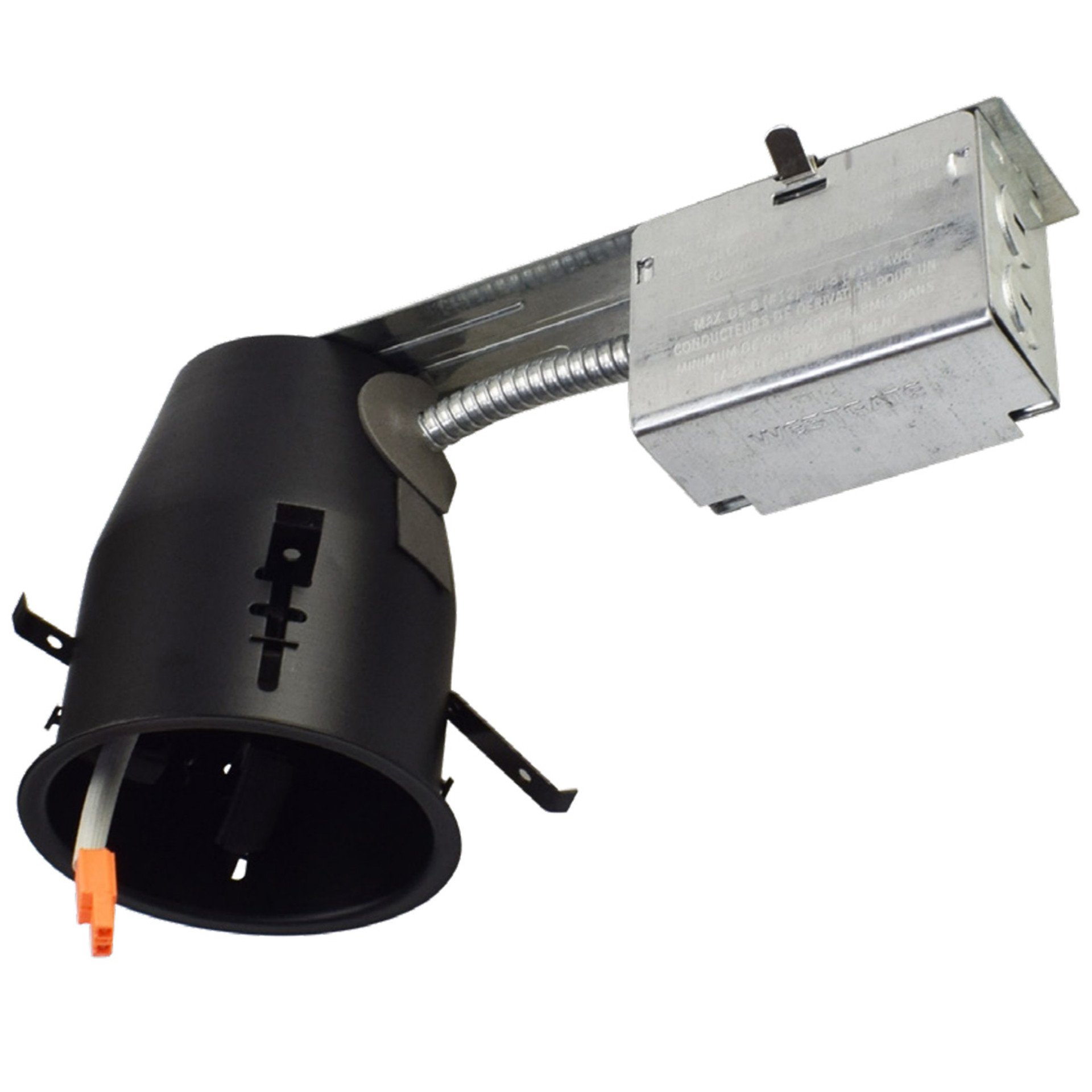 New construction recessed can for downlights, black housing with quick-connect wire, side angle view