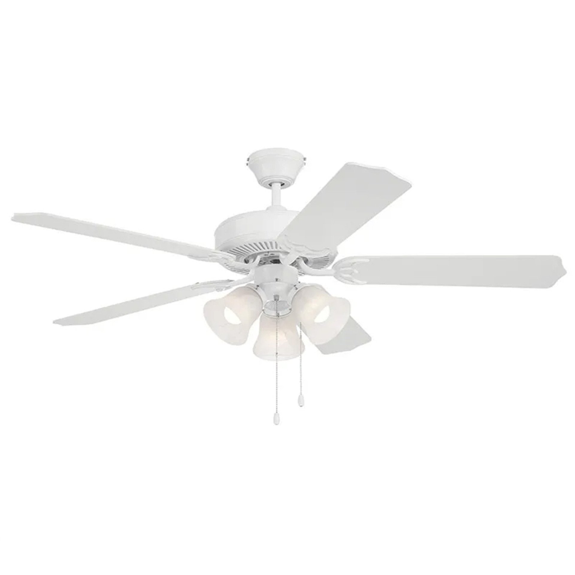 52 inch white finish 5-blade ceiling fan with triple glass LED lights, 3000K soft white output, pull chain control, studio image.