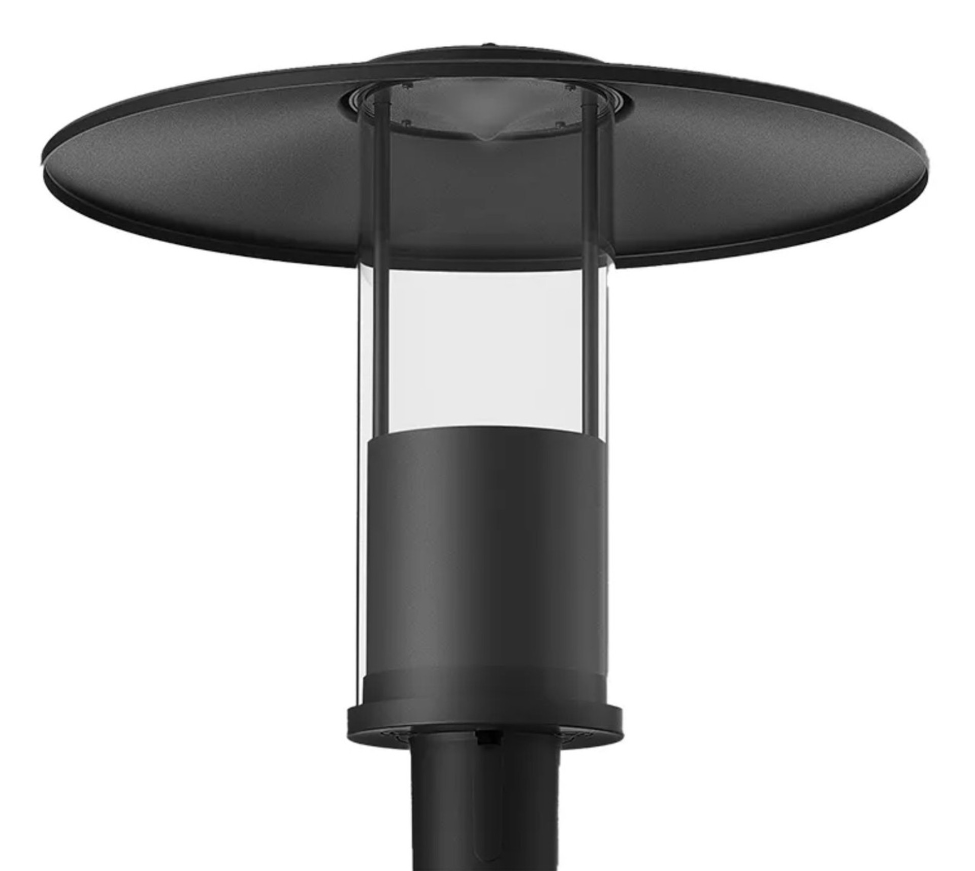 Modern LED post top light, black finish, weather-resistant IP66 wet location rated, studio image on white background.