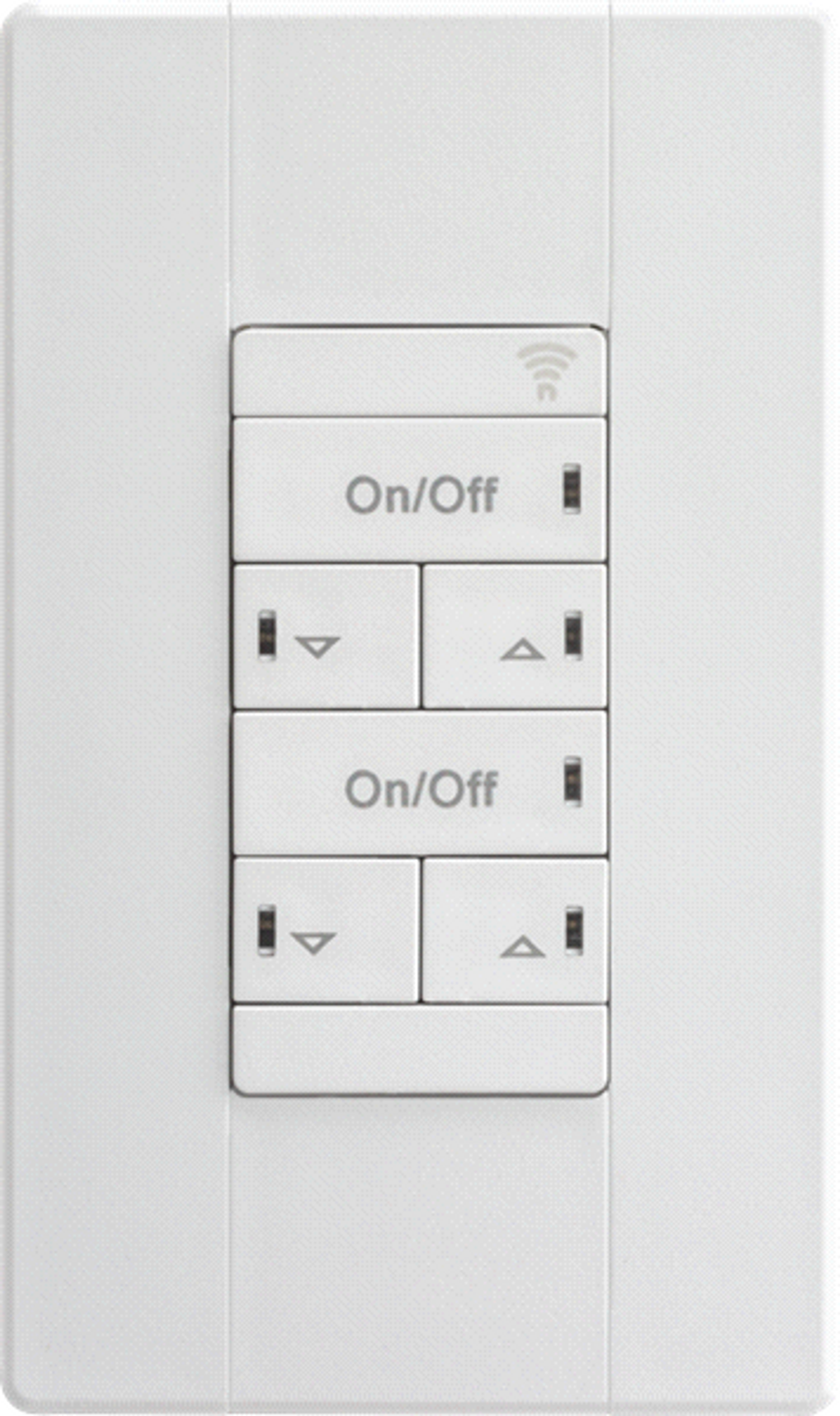 2-pole line-powered wall switch, raise and lower dimming, 120–277V, white finish, Generation 2, studio image.