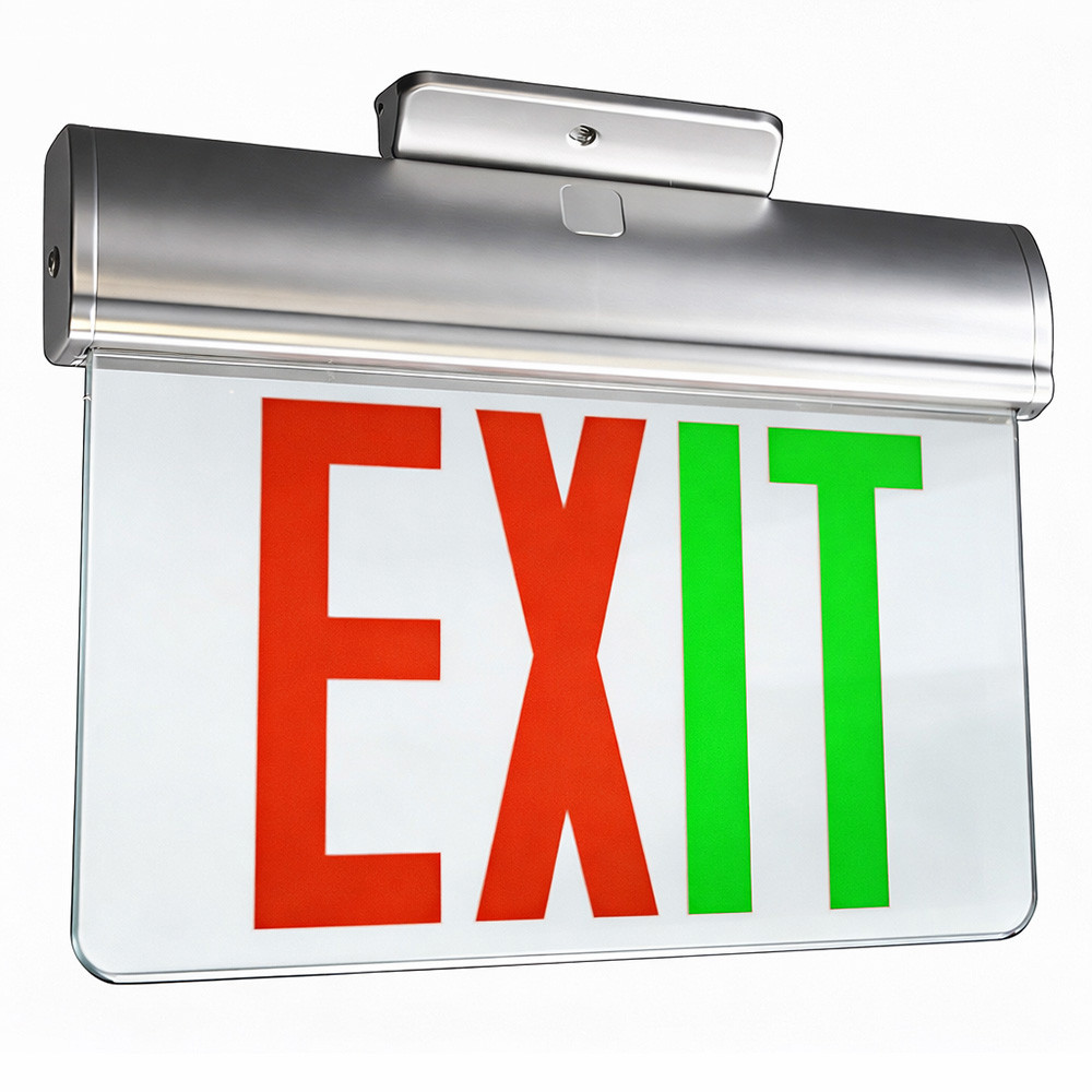 Plastic edge lit LED exit sign, surface mount, silver housing, mirror panel, red and green lettering, studio image