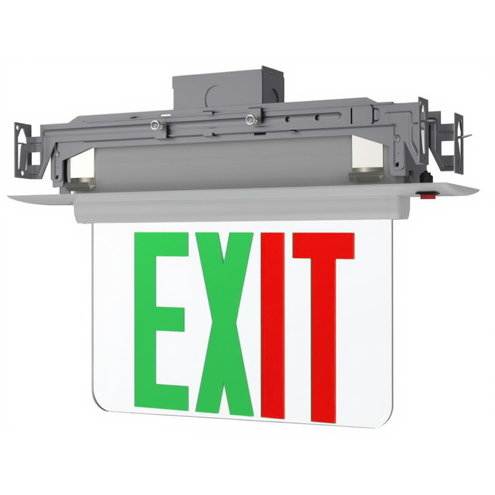 Plastic edge lit LED exit sign, recessed mount frame exposed, silver trim plate, mirror panel, green, red letter