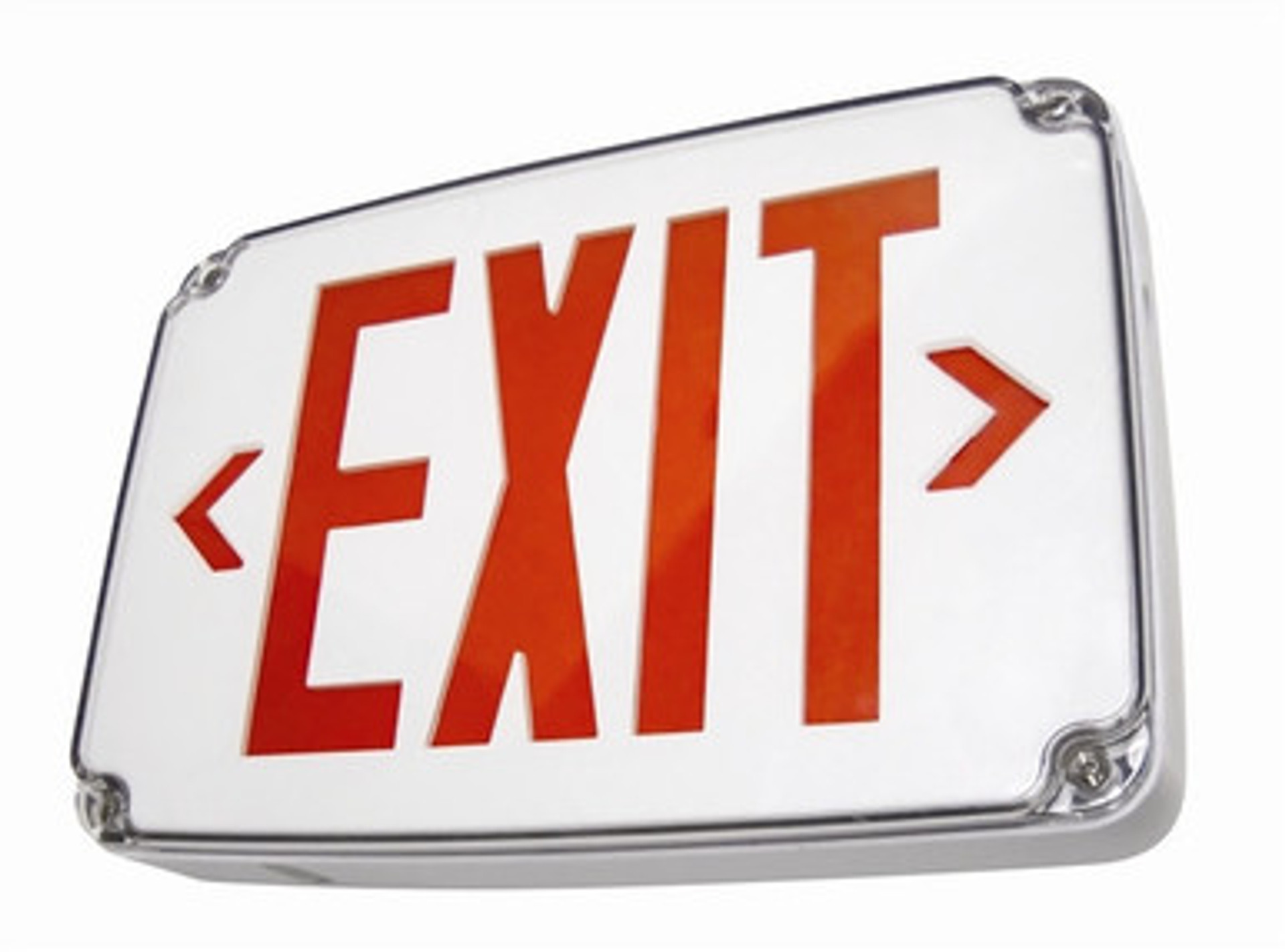 White LED wet location exit sign with battery backup, red lettering, studio image on clean white background