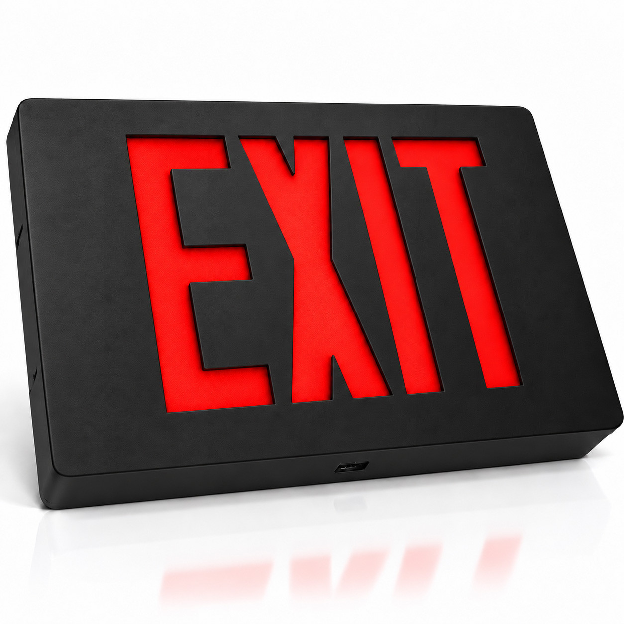 Die-cast aluminum LED exit sign, black housing, red lettering