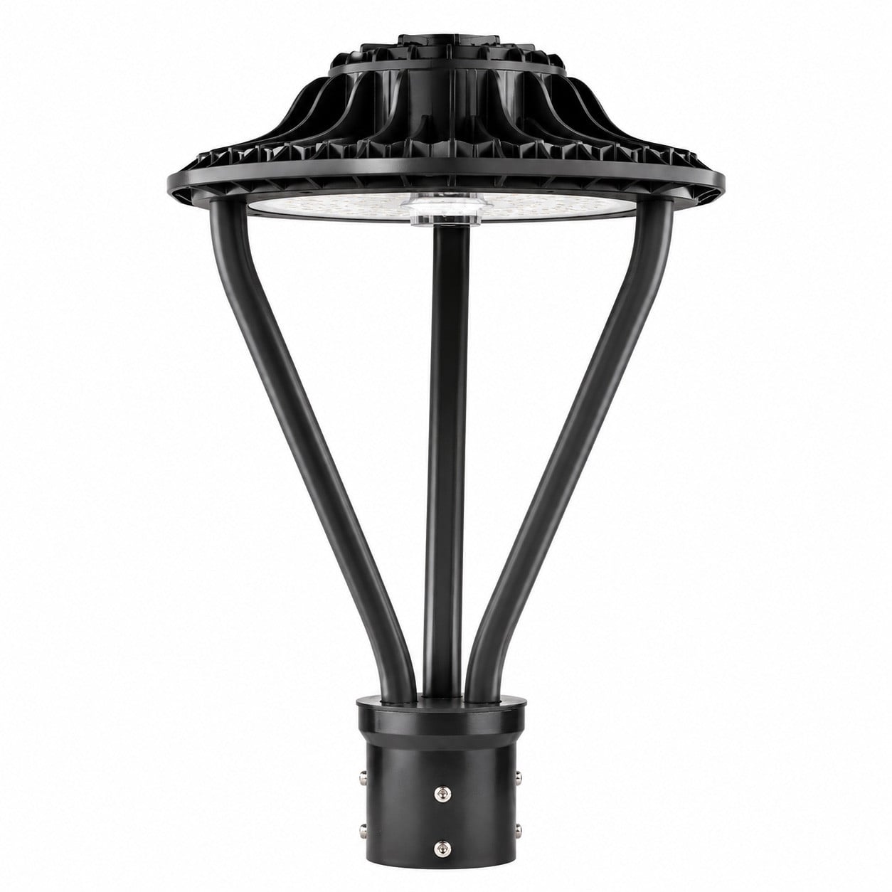 LED post top light fixture, black outdoor pathway light for campuses and parks, studio image