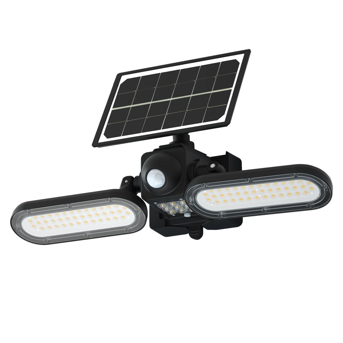 LED solar wall light, 15 watt, 6000K daylight, adjustable dual light heads, motion sensor, solar panel, black finish