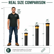 LED bollard light real size comparison showing 24 inch, 36 inch and 42 inch fixtures beside a 5 foot 9 inch person.
