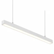 White suspended linear LED office light, 4ft pendant fixture for desks, conference rooms and commercial spaces