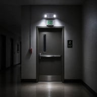 LED emergency light illuminating an exit door and egress area during a commercial building power outage