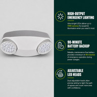 High output LED emergency light, 1100 lumens, 90-minute battery backup, adjustable dual LED heads