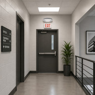 High output LED emergency light mounted above exit door in commercial corridor with dual adjustable LED heads