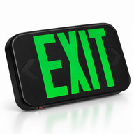 Black plastic LED exit sign, green EXIT lettering, 90-minute emergency battery backup