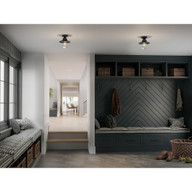 Progress Lighting Tremont Collection One-Light Matte Black and Clear Seeded Glass Farmhouse Style Ceiling Light - Damp Location Listed Application Shot Model P550094-031
