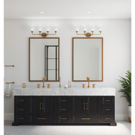 Progress Lighting Lynzie Collection Four-Light Brushed Gold Etched Opal Glass Modern Bath Vanity Light - Damp Location Listed Application Shot Model P2804-191