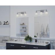 Progress Lighting Alexa Collection Three-Light Brushed Nickel Etched Linen With Clear Edge Glass Modern Bath Vanity Light - Damp Location Listed Application Shot Model P2978-09