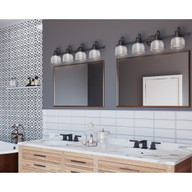 Progress Lighting Archie Collection Four-Light Venetian Bronze Clear Double Prismatic Glass Coastal Bath Vanity Light - Damp Location Listed Application Shot Model P2997-74