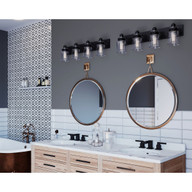 Progress Lighting Calhoun Collection Four-Light Antique Bronze Clear Glass Farmhouse Bath Vanity Light - Damp Location Listed Application Shot Model P300048-020