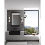 Progress Lighting Zura Collection Two-Light Brushed Nickel Etched Opal Glass Modern Bath Vanity Light - Damp Location Listed Application Shot Model P300062-009