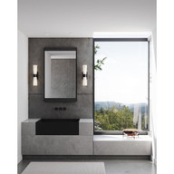 Progress Lighting Zura Collection Two-Light Matte Black Etched Opal Glass Modern Bath Vanity Light - Damp Location Listed Application Shot Model P300062-031