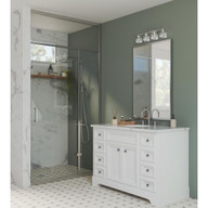 Progress Lighting Judson Collection Four-Light Polished Nickel Clear Glass Farmhouse Bath Vanity Light - Damp Location Listed Application Shot Model P300083-104