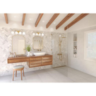 Progress Lighting Carisa Collection Four-Light Vintage Gold Opal Glass Mid-Century Modern Bath Vanity Light - Damp Location Listed Application Shot Model P300087-078